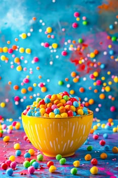 A bowl of colorful candies is scattered on a blue background. The candies are scattered all over the background, creating a fun and playful atmosphere. Generative AI
