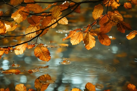 A leafy tree branch with leaves that are falling and water droplets on them. The water droplets are reflecting the sunlight, creating a serene and peaceful atmosphere. Generative AI