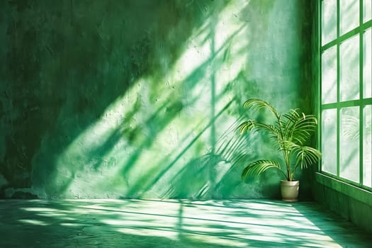 A green room with a plant in a pot. The room is empty and has a lot of sunlight coming in through the window. Generative AI