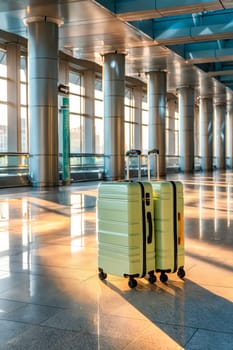 Two green suitcases are sitting on a tiled floor in a large, empty room. The suitcases are open and ready for use, and the room is illuminated by sunlight streaming in through the windows. Generative AI