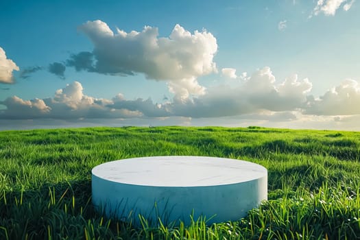 A white stone pedestal sits in a lush green field. The sky above is cloudy, but the sun is shining through the clouds, creating a warm and inviting atmosphere. Concept of tranquility and peace. Generative AI