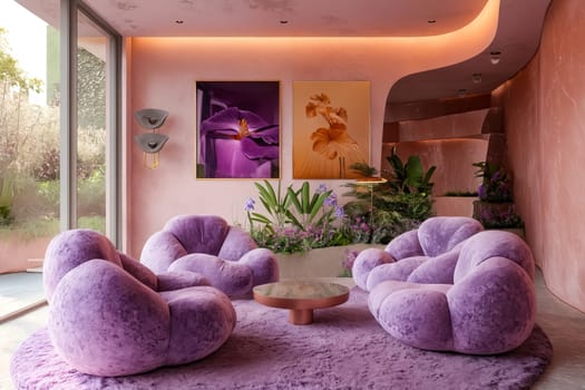 A pink room with a purple couch and a purple rug. There are two pictures on the wall, one of which is of a flower. Generative AI