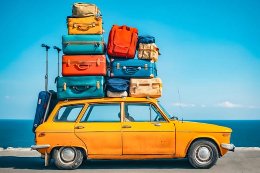 A yellow car is loaded with luggage, including a blue suitcase and a red one. The car is parked on a road near the ocean. Generative AI