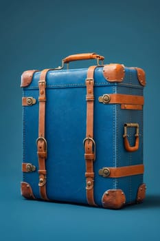 A blue suitcase with brown handles sits on a blue background. The suitcase is old and worn, with a vintage look. Generative AI