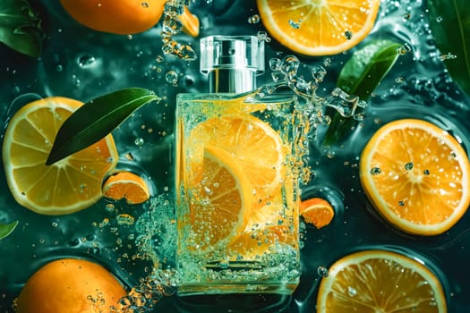 A bottle of perfume is surrounded by oranges and a leaf. The bottle is half full and the oranges are floating in the water. Generative AI