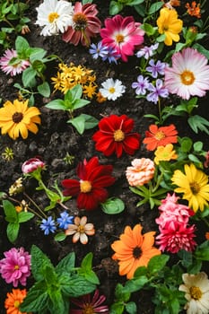 A colorful garden of flowers with a variety of colors including red, yellow, and blue. The flowers are scattered all over the ground, creating a vibrant and lively scene. Generative AI