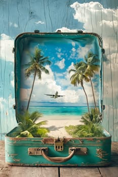A blue suitcase with a tropical scene inside. The suitcase is open to reveal a beach and palm trees. A small airplane is flying over the scene. Generative AI
