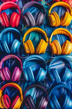 A row of colorful headphones are displayed in a row. The headphones are of different colors and sizes, and they are arranged in a way that they look like they are hanging on a wall. Generative AI