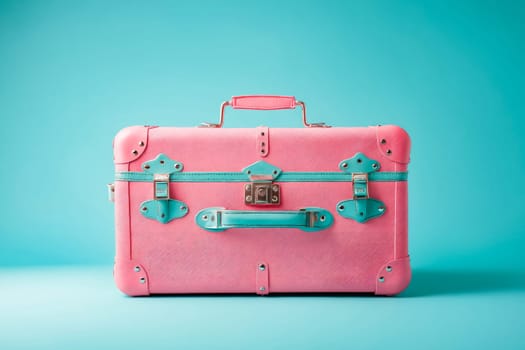 A pink suitcase with a blue handle sits on a blue background. The suitcase is decorated with glitter and has a blue strap. Generative AI