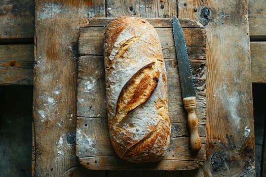 A loaf of bread with a knife on a wooden table. The bread is sliced and ready to be eaten. Generative AI