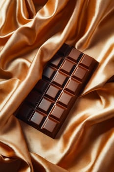 A chocolate bar is on top of a gold fabric. The fabric is gold and has a shiny texture. The image conveys a luxurious and indulgent mood. Generative AI