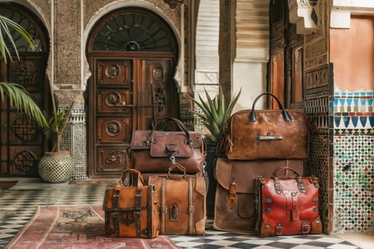 A collection of leather bags are stacked on a rug in front of a building. The bags are of different sizes and styles, and they appear to be well-worn and well-loved. Generative AI