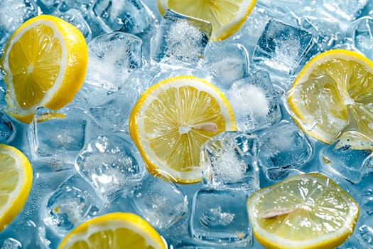 A bunch of lemons are floating in a blue ice bath. The lemons are cut in half and are surrounded by ice cubes. Concept of freshness and coolness, as the lemons are chilled. Generative AI