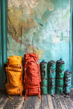 A group of backpacks and sleeping bags are lined up against a wall with a map behind them. Generative AI