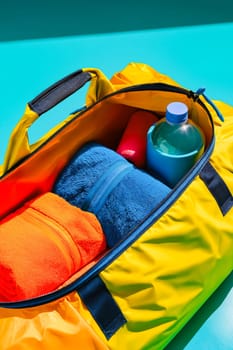 A yellow bag with a blue bottle and a towel inside. Generative AI