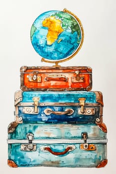 A painting of three suitcases stacked on top of each other with a globe on top. The painting has a travel theme and conveys a sense of adventure and exploration. Generative AI
