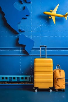 A yellow suitcase is placed next to a blue wall with a map of the world. The suitcase is open and ready for travel. Generative AI