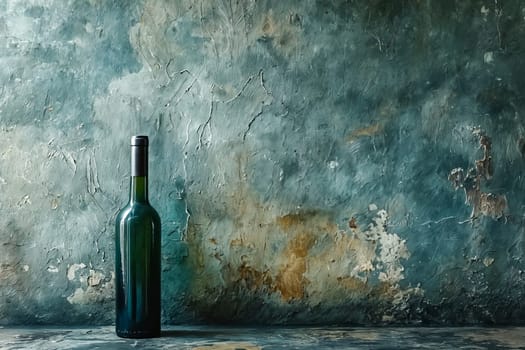 A bottle of wine is sitting on a table in front of a wall. Scene is calm and relaxed, as the bottle of wine is a symbol of leisure and enjoyment. Generative AI