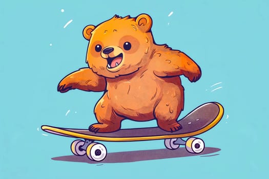 A cartoon bear is riding a skateboard. The bear is smiling and he is having fun. Generative AI