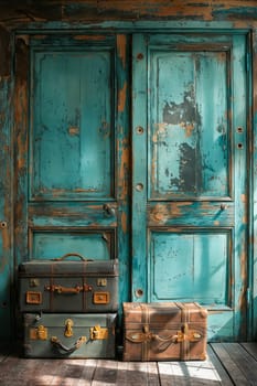 Three suitcases are stacked on top of each other in front of a blue door. The door has a worn and weathered appearance, giving the scene a vintage and nostalgic feel. Generative AI