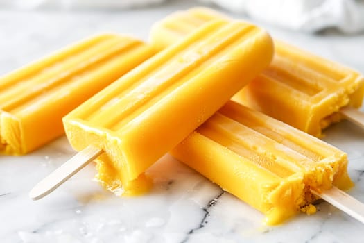 Several yellow mango popsicles on wooden sticks lie on a white marble background. A summer cold treat.