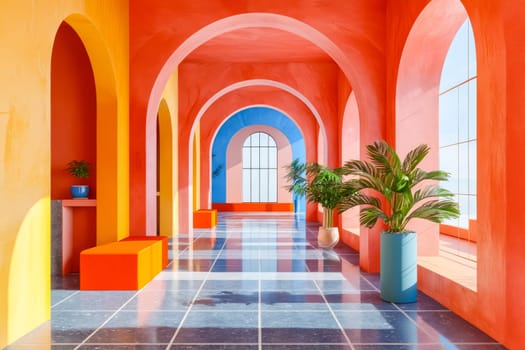 A colorful hallway with a blue and yellow archway. The archway is decorated with plants and a potted plant. Generative AI