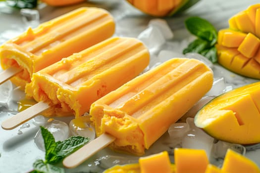 Several yellow mango popsicles on wooden sticks lie on a white marble background. A summer cold treat.