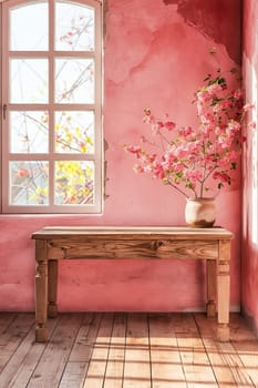 A pink room with a wooden table and a vase of pink flowers. The room is bright and cheerful, with the pink walls and the flowers adding a pop of color. Generative AI