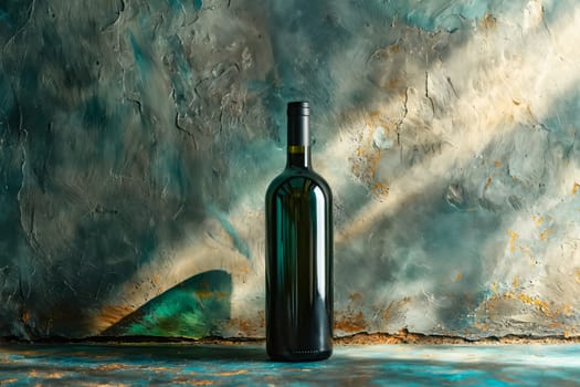 A bottle of wine is sitting on a table in front of a wall. The bottle is green and has a black cap. Scene is calm and relaxed, as the bottle of wine is a symbol of leisure and enjoyment. Generative AI