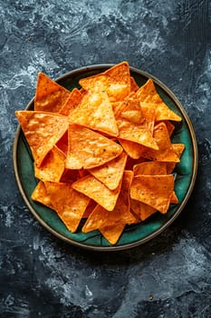 A plate of tortilla chips is on a table. The chips are orange and have a spicy flavor. Generative AI