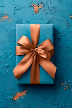 A blue box with a gold ribbon on top of a blue background. The box is decorated with a bow and he is a gift. Generative AI