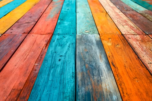 A wooden floor with a rainbow of colors. The floor is made of wood and has a unique and colorful design. Generative AI