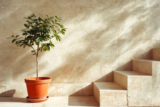 A small orange pot with a plant in it sits on a stone staircase. The staircase is made of stone and is located in a room with a white wall. Generative AI