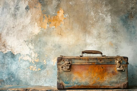 A rusty old toolbox sits on a table. The toolbox is old and worn, with a faded blue and brown color scheme. The table it sits on is made of wood and has a few scratches and dents. Generative AI