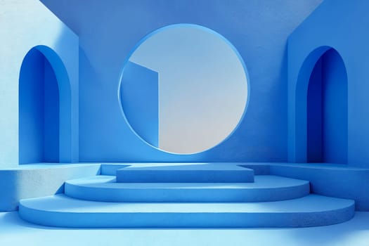 A blue room with a blue archway and a blue circle in the middle. The room is empty and has a modern feel to it. Generative AI