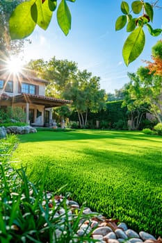 A large house with a lush green lawn and a stone wall. The sun is shining brightly, creating a warm and inviting atmosphere. Generative AI