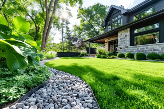 A house with a large yard and a gravel path leading to it. The yard is lush and green, with a stone border and a row of bushes. The house is surrounded by trees, giving it a peaceful. Generative AI