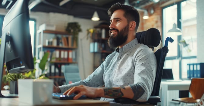 Confident disabled employee man sitting in a wheelchair working at workplace in modern office