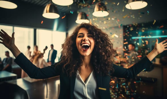 Joyful businesswoman celebrating with her colleagues business people having a party having fun in the office