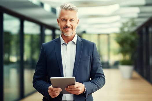 Portrait of confident mature businessman holding digital tablet computer standing in the office wearing business suit and looking at camera
