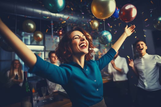 Joyful businesswoman celebrating with her colleagues business people having a party having fun in the office