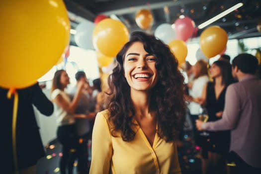 Joyful businesswoman celebrating with her colleagues business people having a party having fun in the office