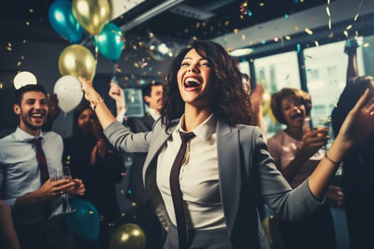 Joyful businesswoman celebrating with her colleagues business people having a party having fun in the office