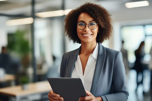Portrait of confident African American businesswoman in glasses holding digital tablet computer standing in the office wearing business suit and looking at camera