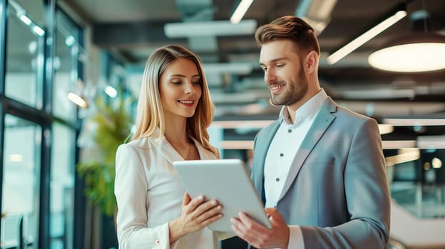 Two colleagues business people woman and man holding digital tablet computer together discussing a new project standing in the office wearing business suit