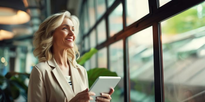 Portrait of confident mature businesswoman holding digital tablet computer standing in the office and looking out the window