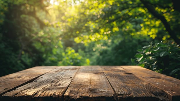 Sunlit wooden table overlooking a dreamy, misty forest landscape
