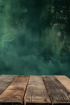 Distressed wooden table surface with a dark green blurred background
