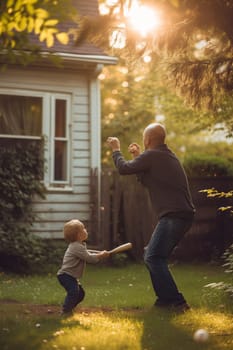 Father teaches his toddler how to bat in a captivating backyard baseball session