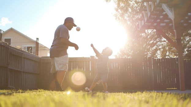 Father and son sharing a joyful moment while playing baseball in their backyard